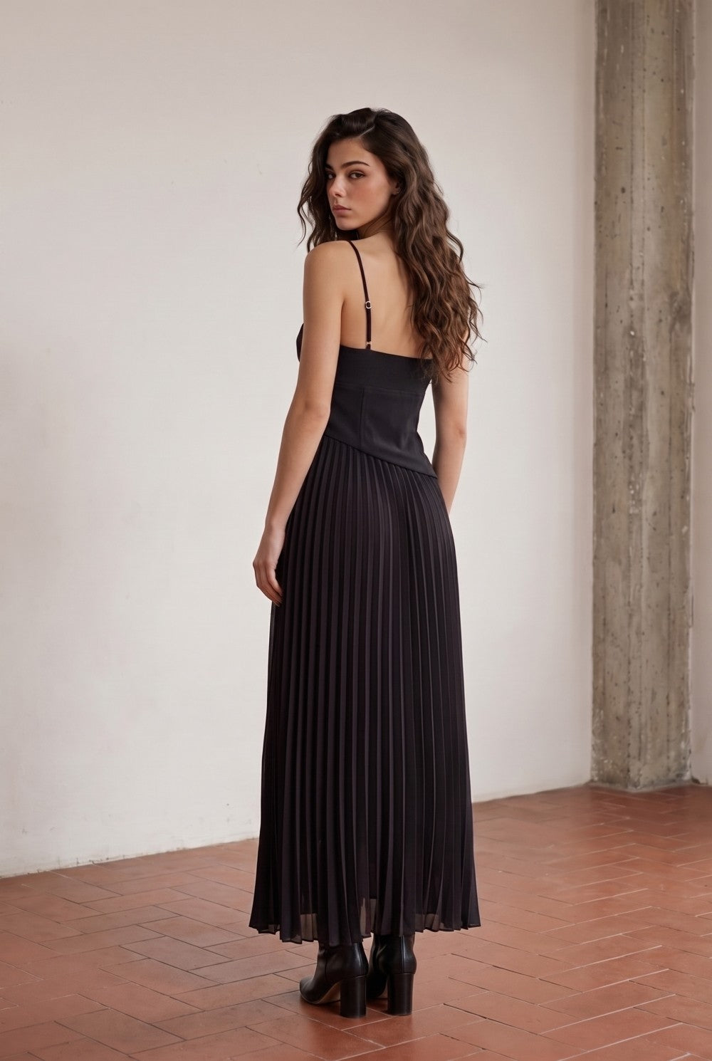 Black Heavy Woven + Chiffon Mixed Asymmetical Maxi