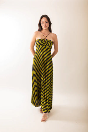 Moon River Green Stripe Pleated Halter Maxi Dress