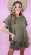 Olive Suede Boxy Top Shorts Set (1 SMALL)