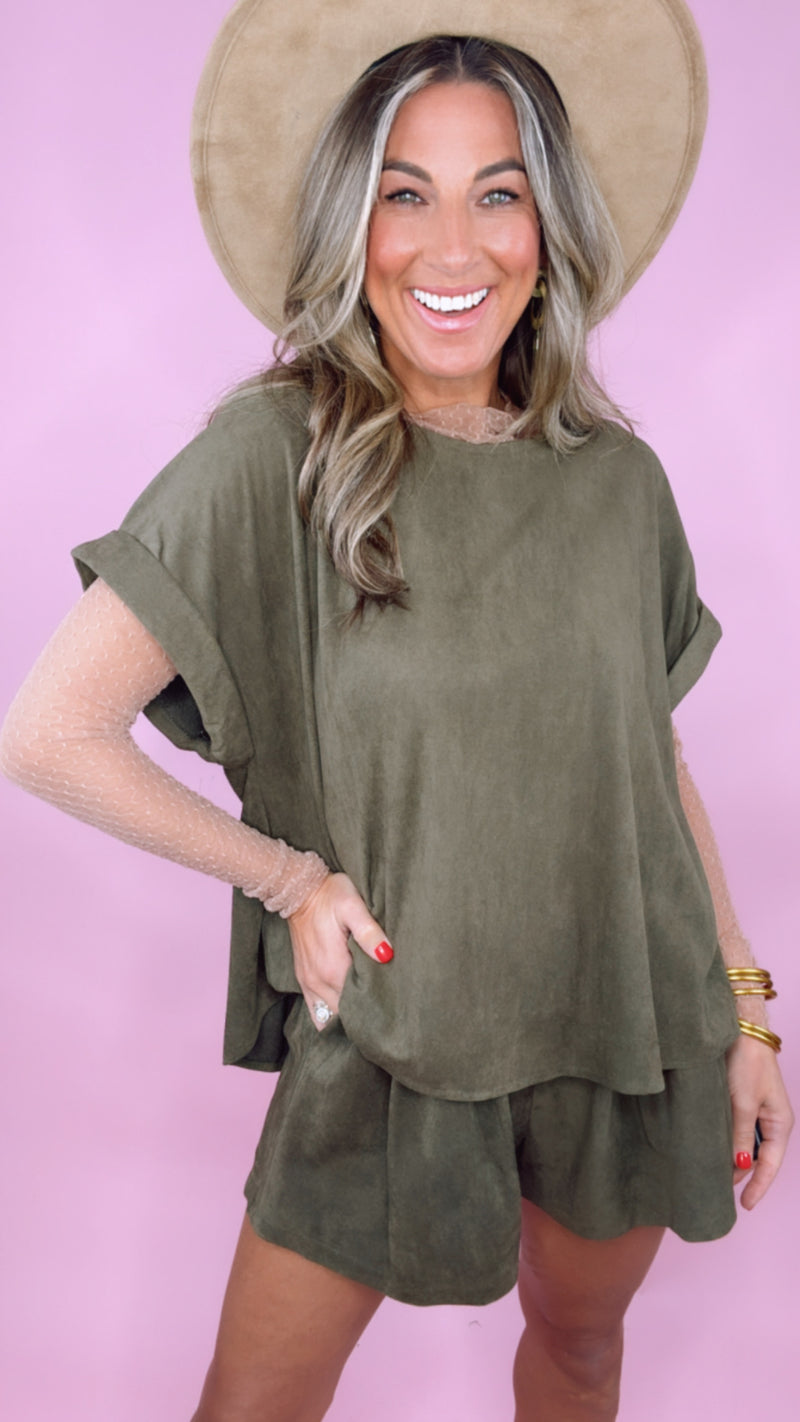 Olive Suede Boxy Top Shorts Set (1 SMALL)