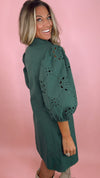 Green Eyelet Sleeve Detail Button Down Mini Dress