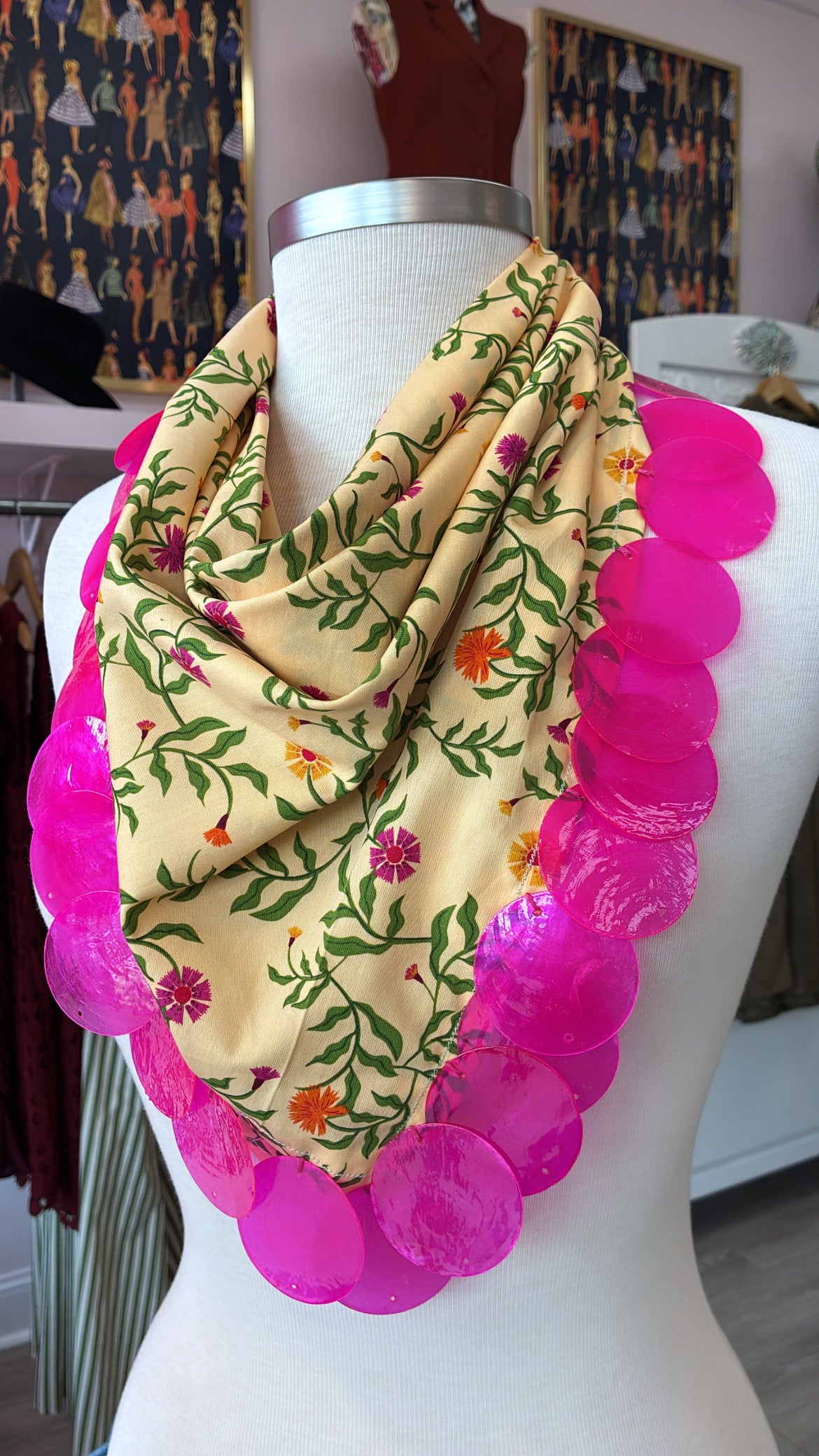 Fall Floral Neck Scarf w/ Hot Pink Circle Beads