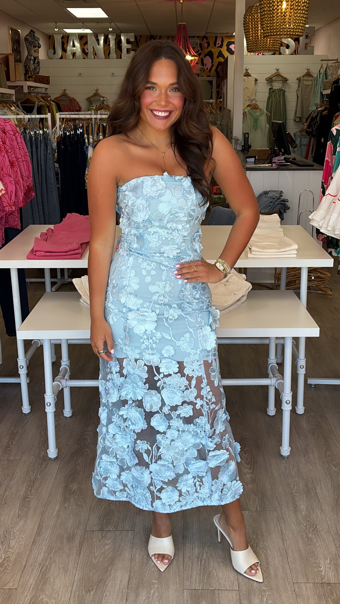 Icy Blue Strapless Floral Embroidered Maxi Dress