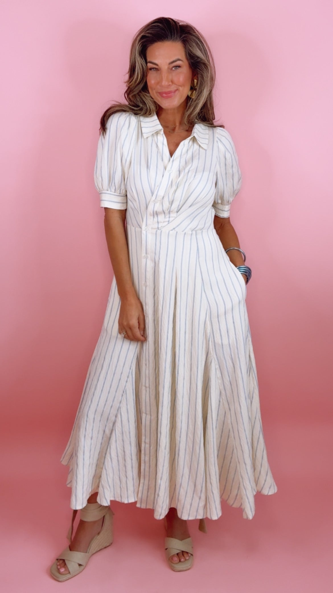 Current Air | Ivory/Blue Stripe Collared Buttondown Midi Dress (1 SMALL)