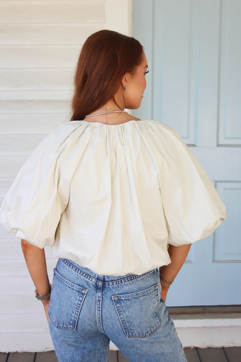 Karlie | Taupe Poplin Bubble Tie 3/4 Sleeve Top