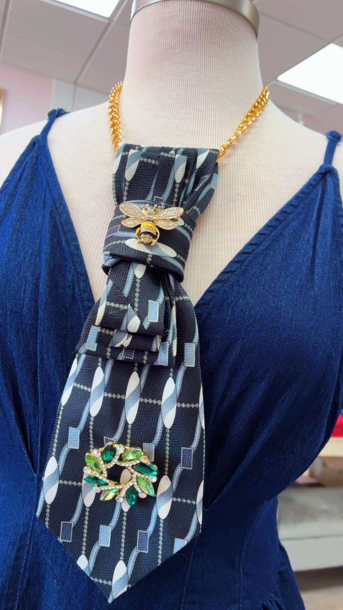 Tie Necklace | Black + Grey Print