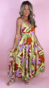 ASTR Blythe Green Rust Floral Pleated Midi Dress