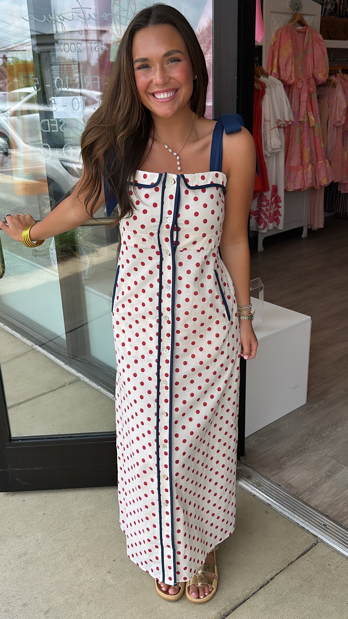 THML | Cream Polkadot Shoulder Strap Tie Dress