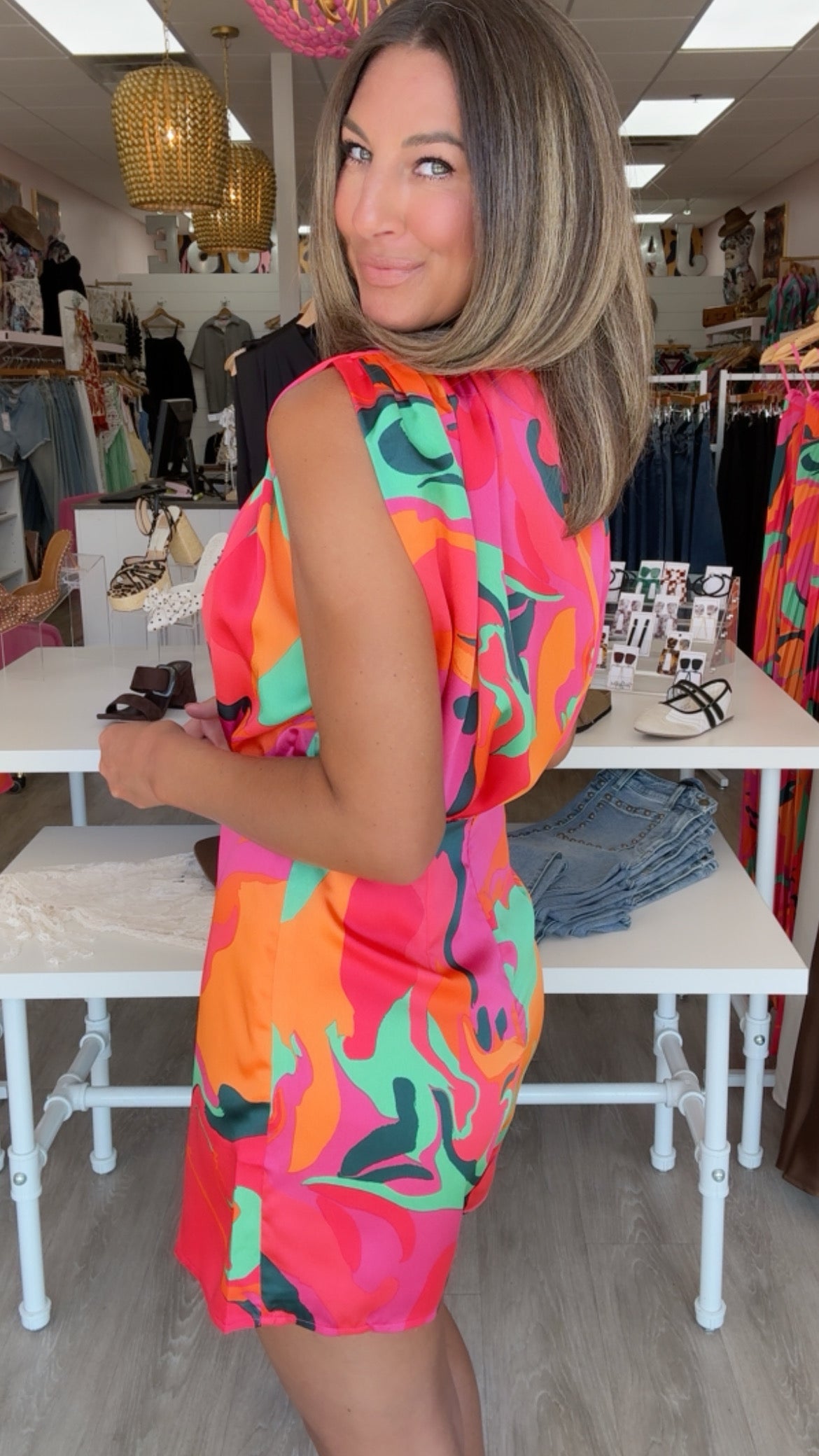 Karlie | Fuschia Swirl Satin Drape Romper *BEST SELLER*