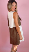 Brown and Ecru Suede Colorblock Mod Shift Dress