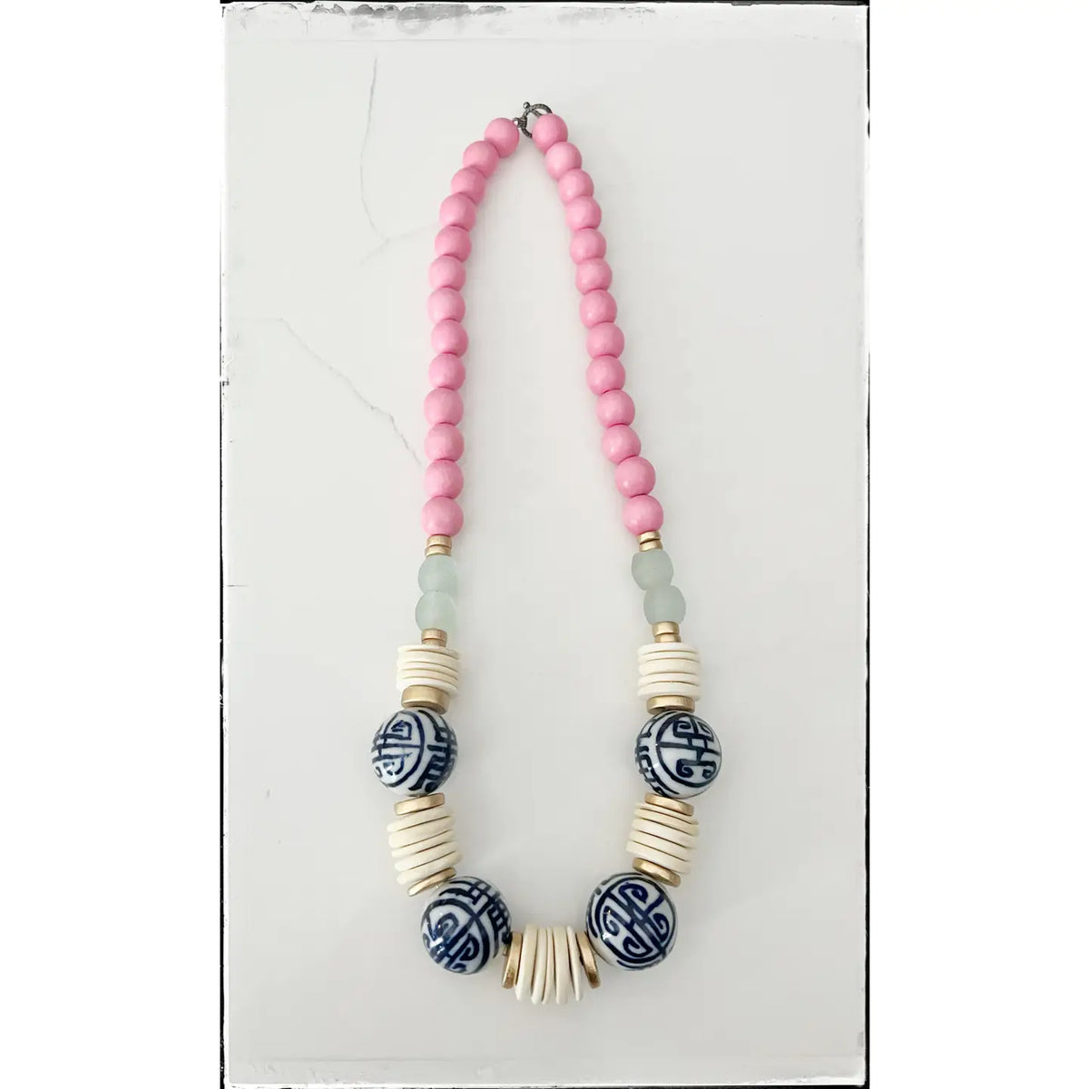 Pink Bead & Chinoiserie Necklace