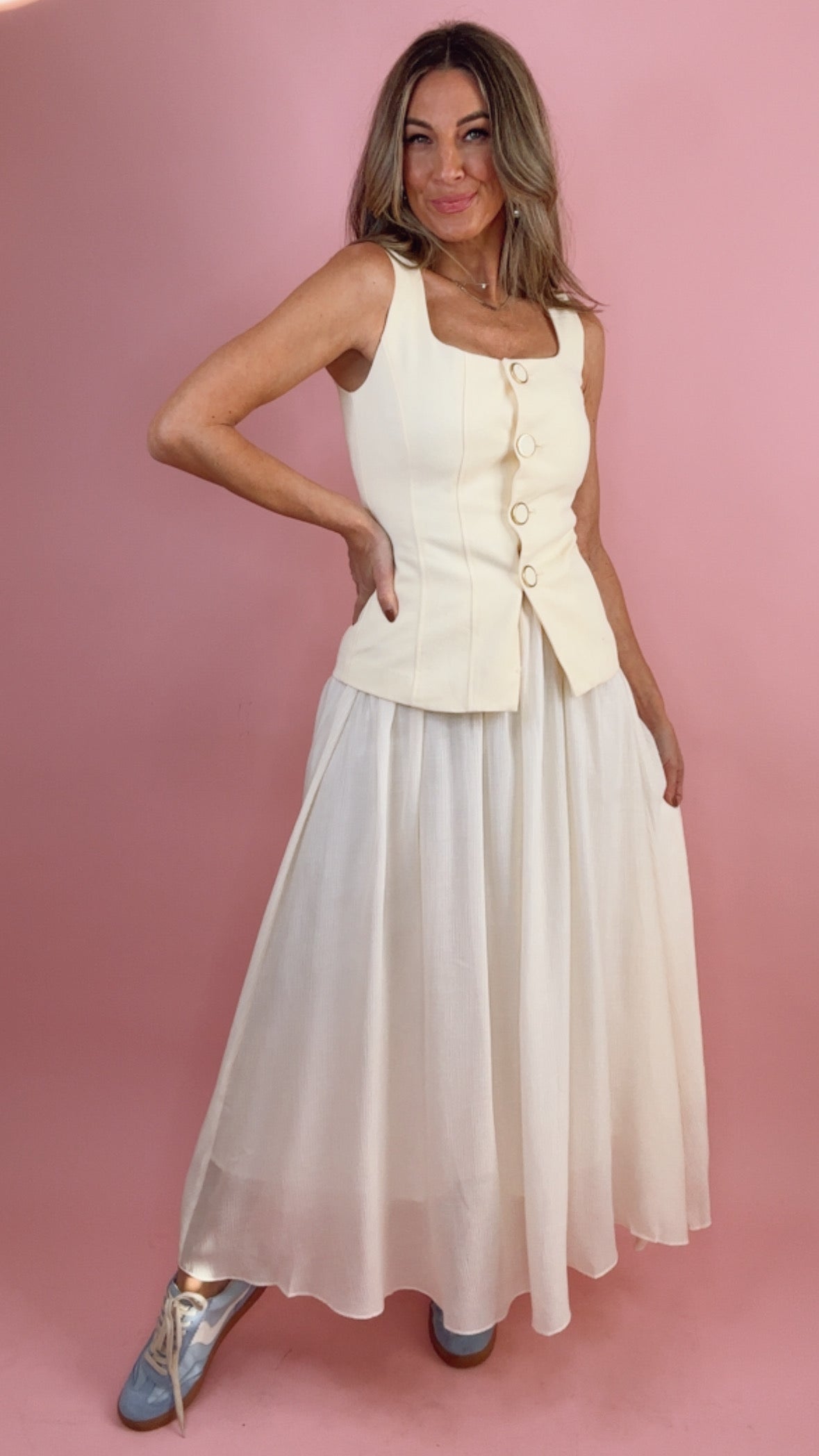 Yellow Square Neck Vest Twofer Dress