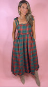 Green and Red Plaid Tie Shoulder Midi Dress