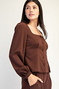 Brown Square Neck Buttondown w/ Pleats