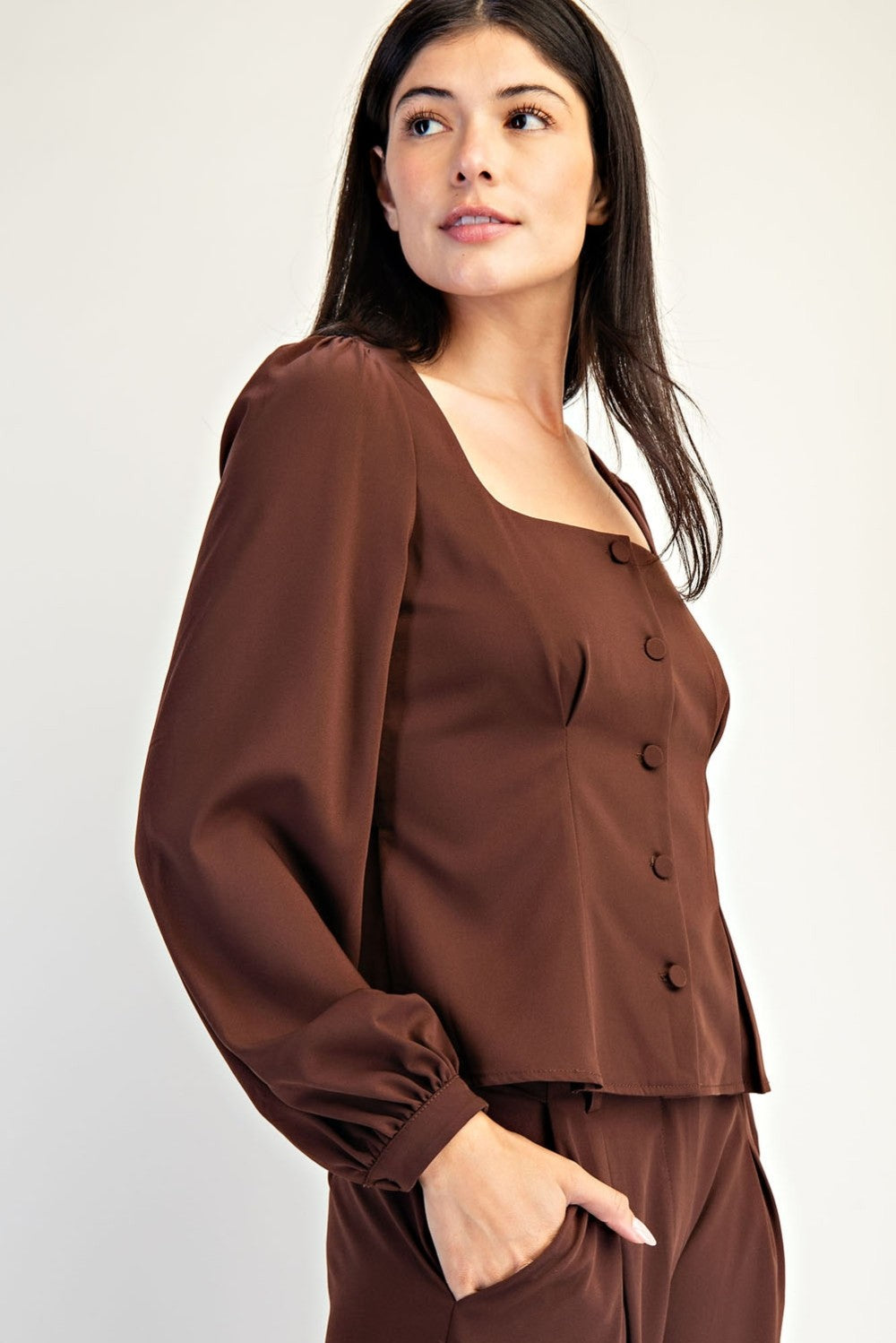Brown Square Neck Buttondown w/ Pleats