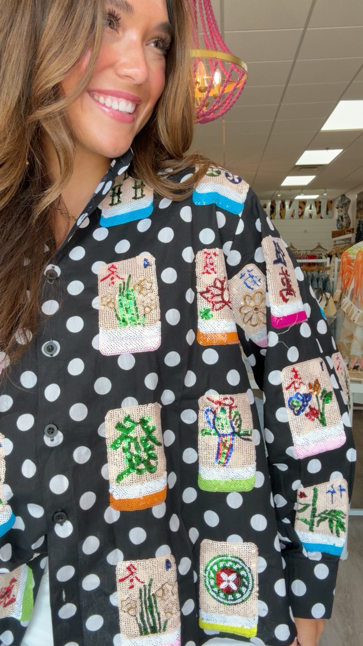 Queen of Sparkles Polka Dot Scattered Mahjong Button-Up