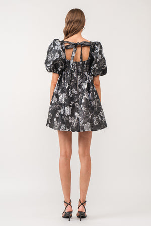 Sofie The Label Black Silver Floral Jacquard Puff Mini Dress