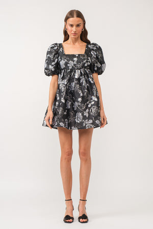 Sofie The Label Black Silver Floral Jacquard Puff Mini Dress