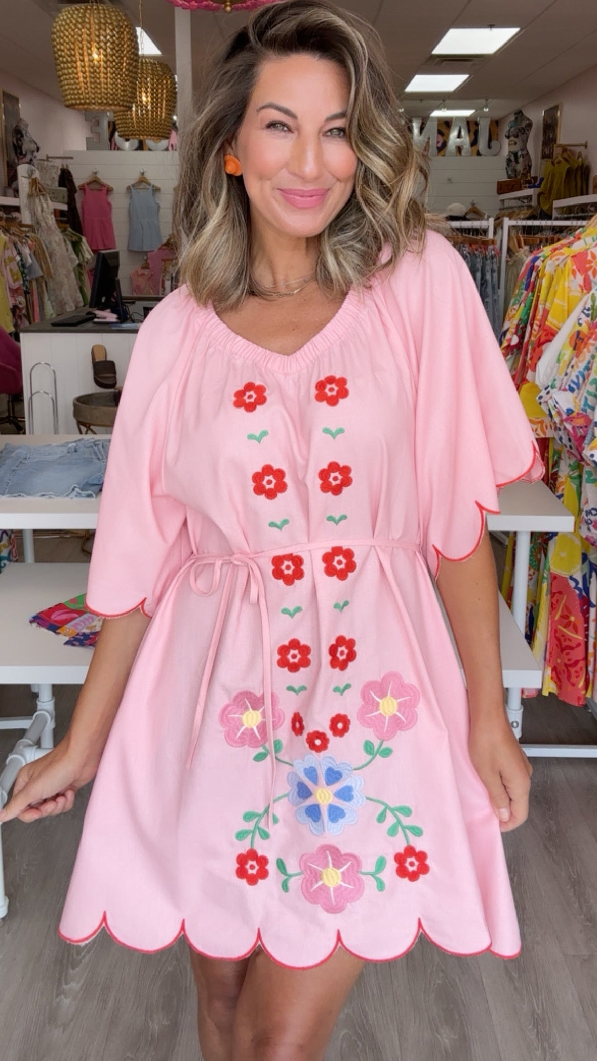 Embroidered Pink Mini Dress