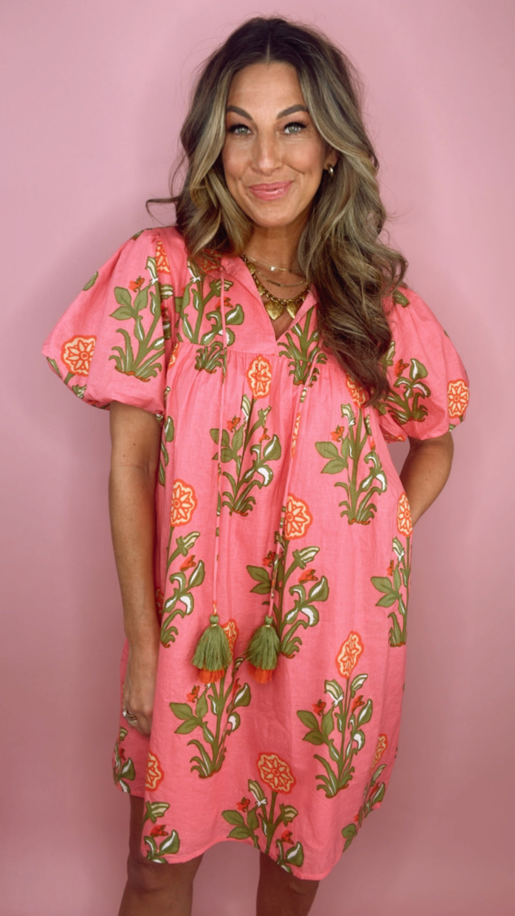 THML Pink Floral Puff Sleeve Dress