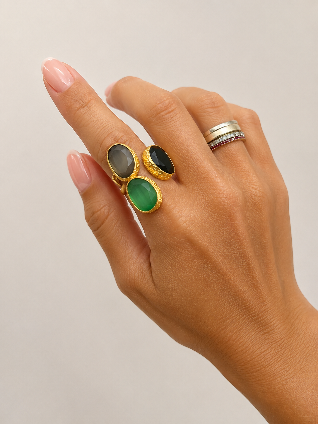 Adjustable Triple Cat Eye Gold Ring (Smoky Gray, Jet, Emerald)