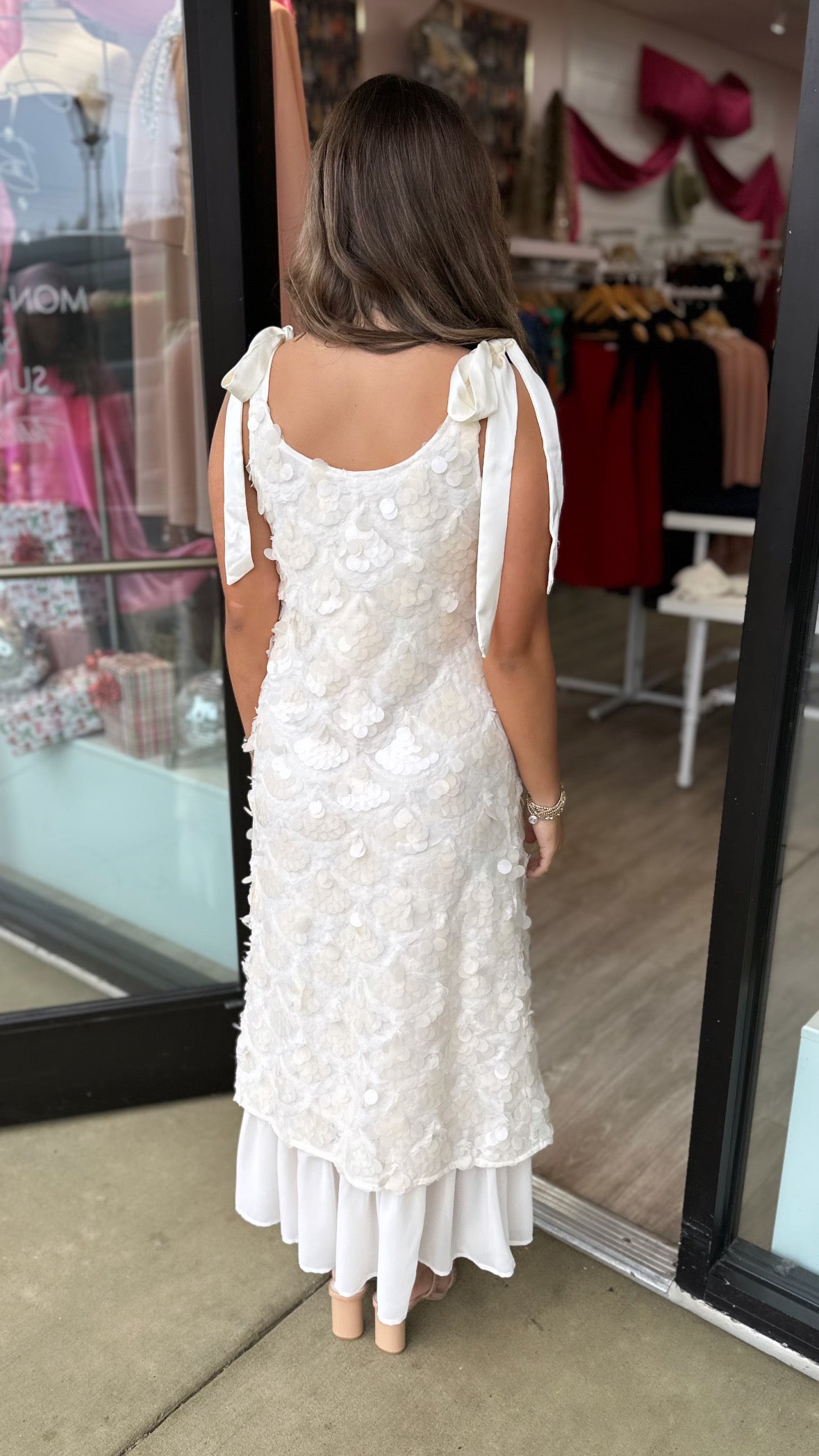 En Saison Ecru Sequin Tulle Tie Shoulder Midi Dress