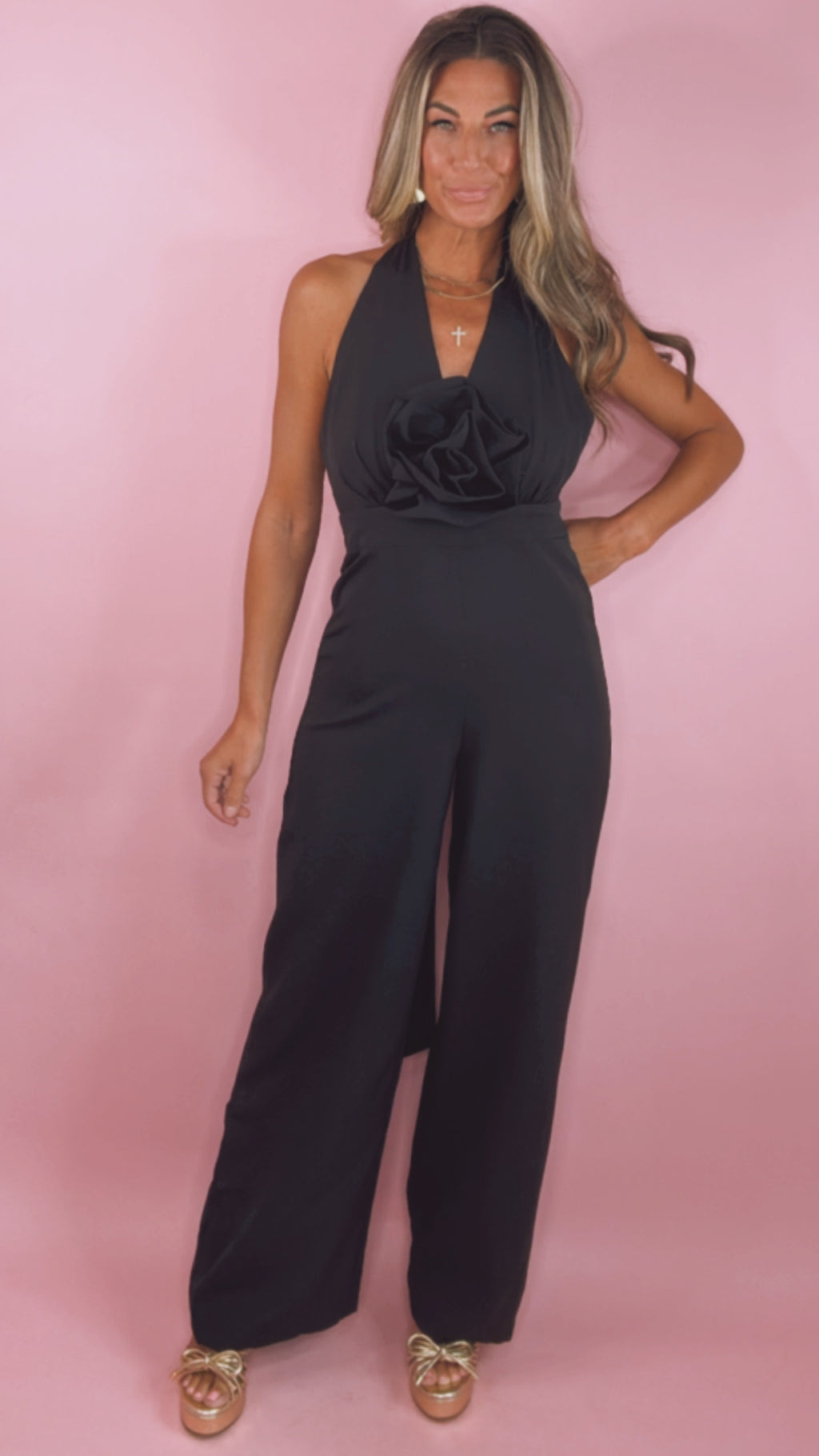 Black Rosette Plunged Neckline Open Back Jumpsuit