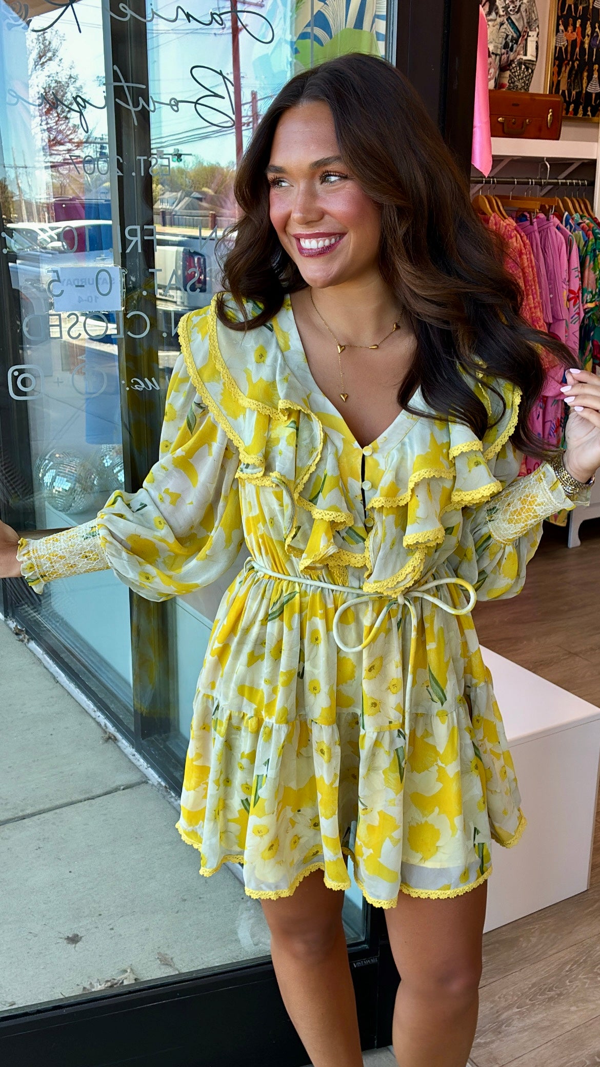 Yellow Ruffle Belted Dress