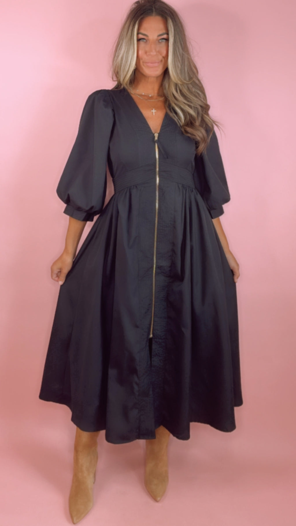 Black Zip Up Midi Dress
