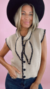 Taupe/ Black Tie Neck Sweater Vest with Contrast Blanket Stitch