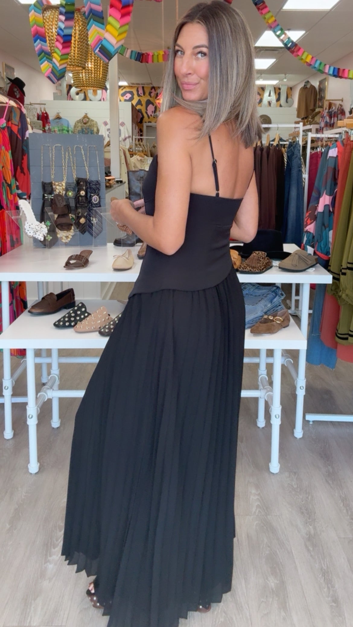 Black Heavy Woven + Chiffon Mixed Asymmetical Maxi