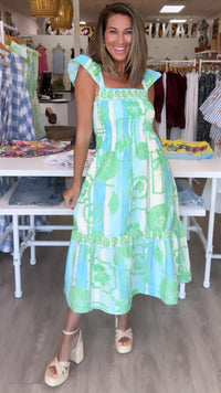 Karlie | Green Sea Shell Poplin Smock Maxi Dress