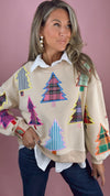 Queen of Sparkles Beige Multi Plaid & Stripe Christmas Tree Sweatshirt