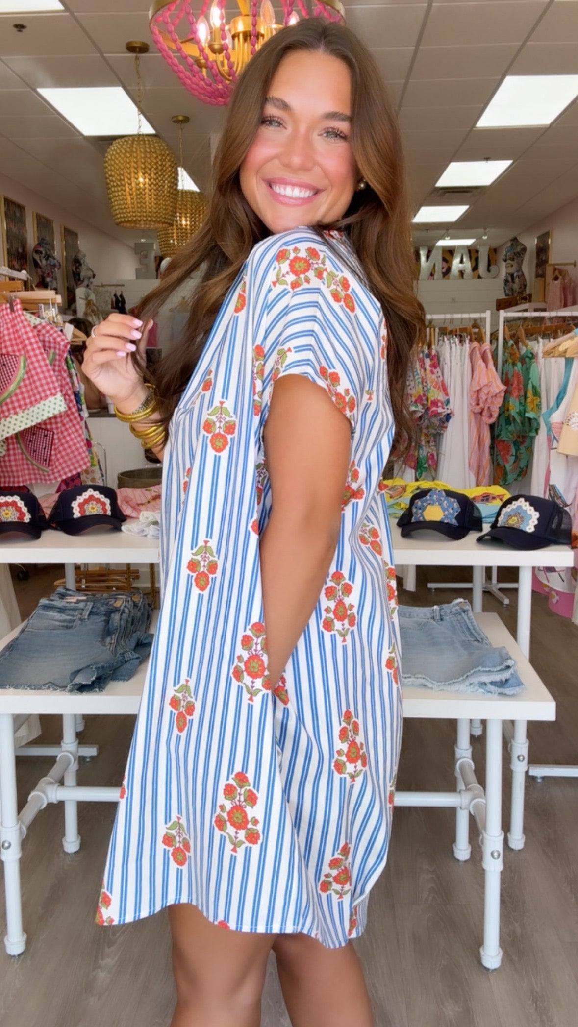 Karlie | Blue Stripe Floral VNeck Signature Shirt Dress