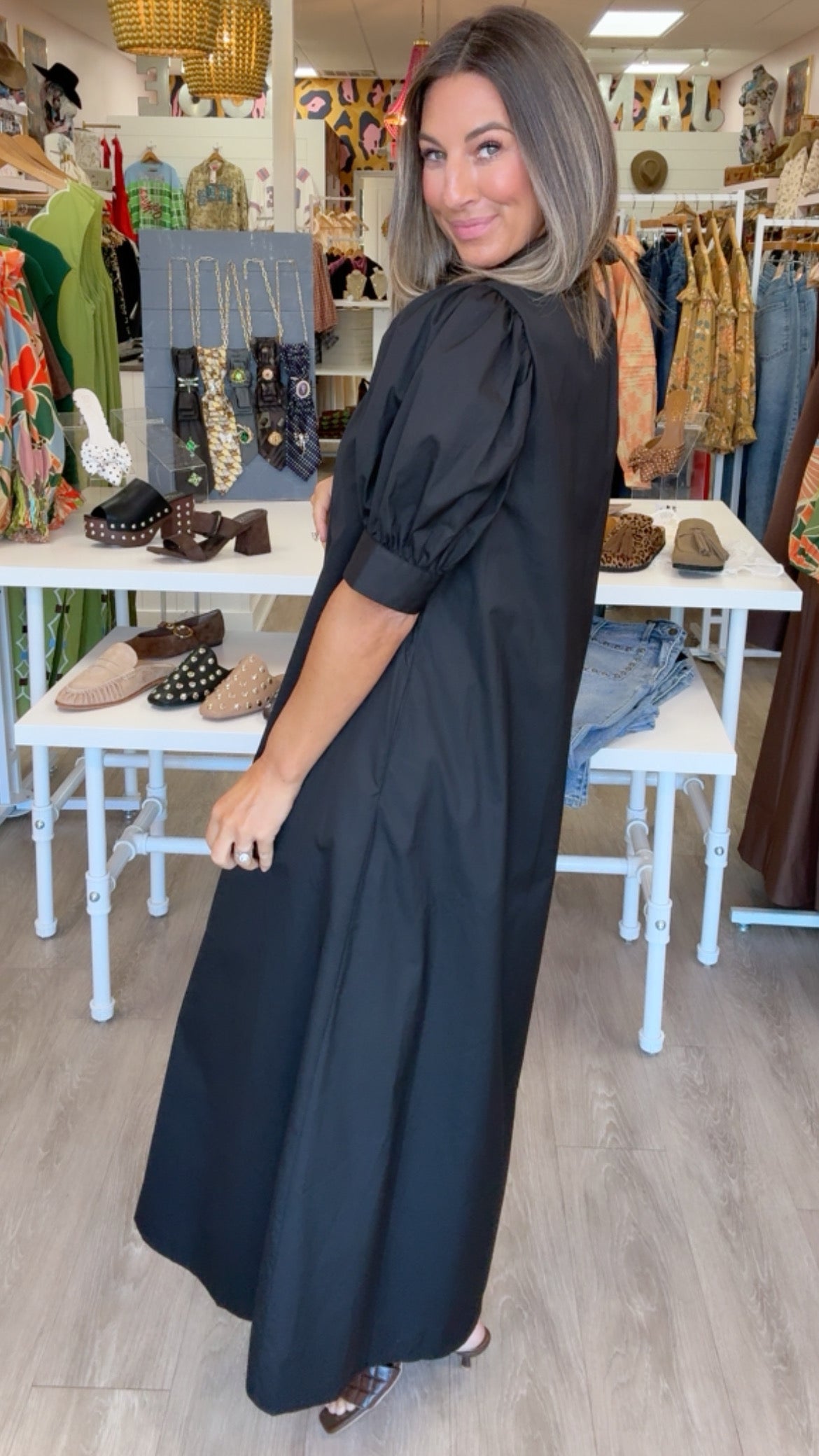 Karlie | Black Ruffle Neck Maxi Shirt Dress