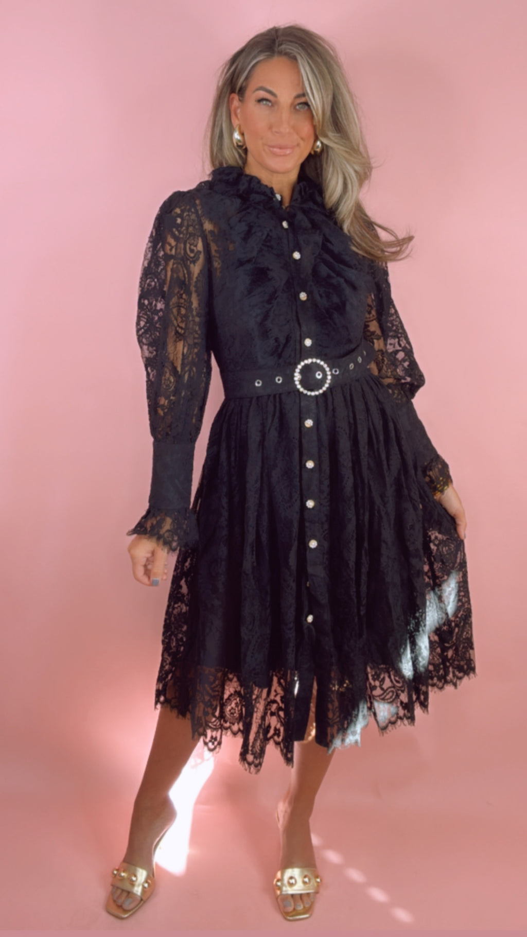 Black Lace Belted Midi Dress
