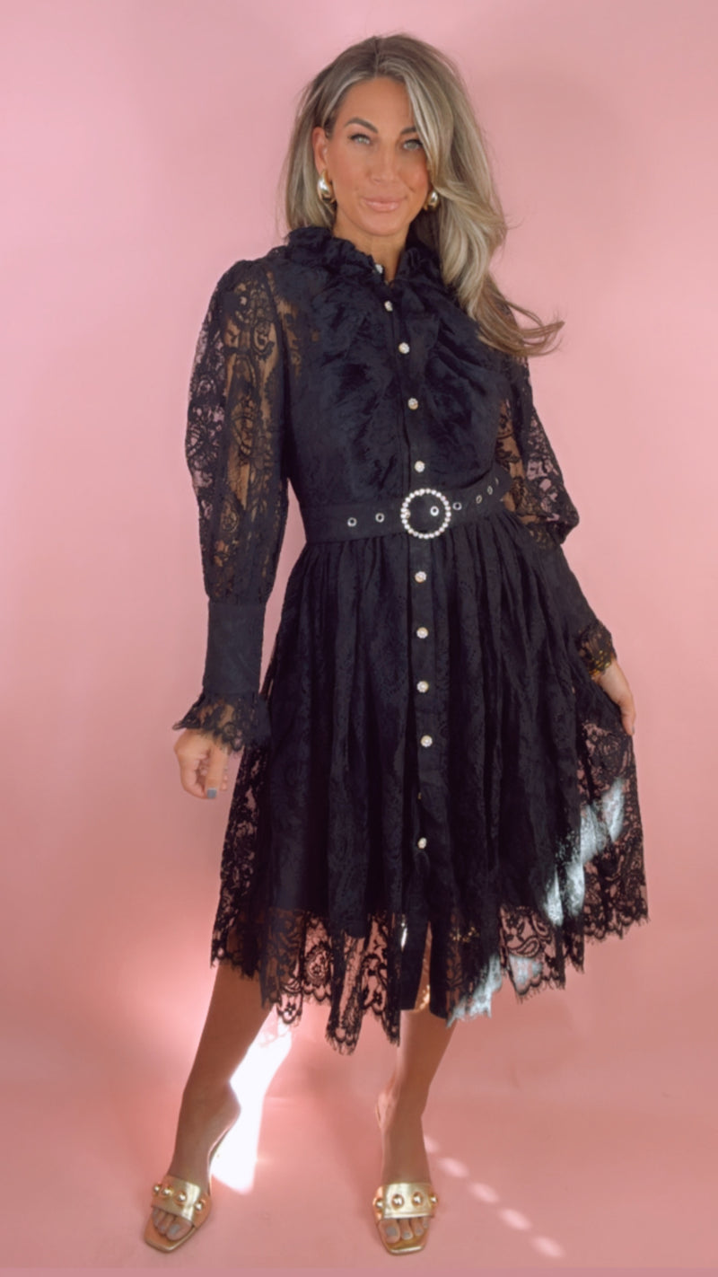Black Lace Belted Midi Dress