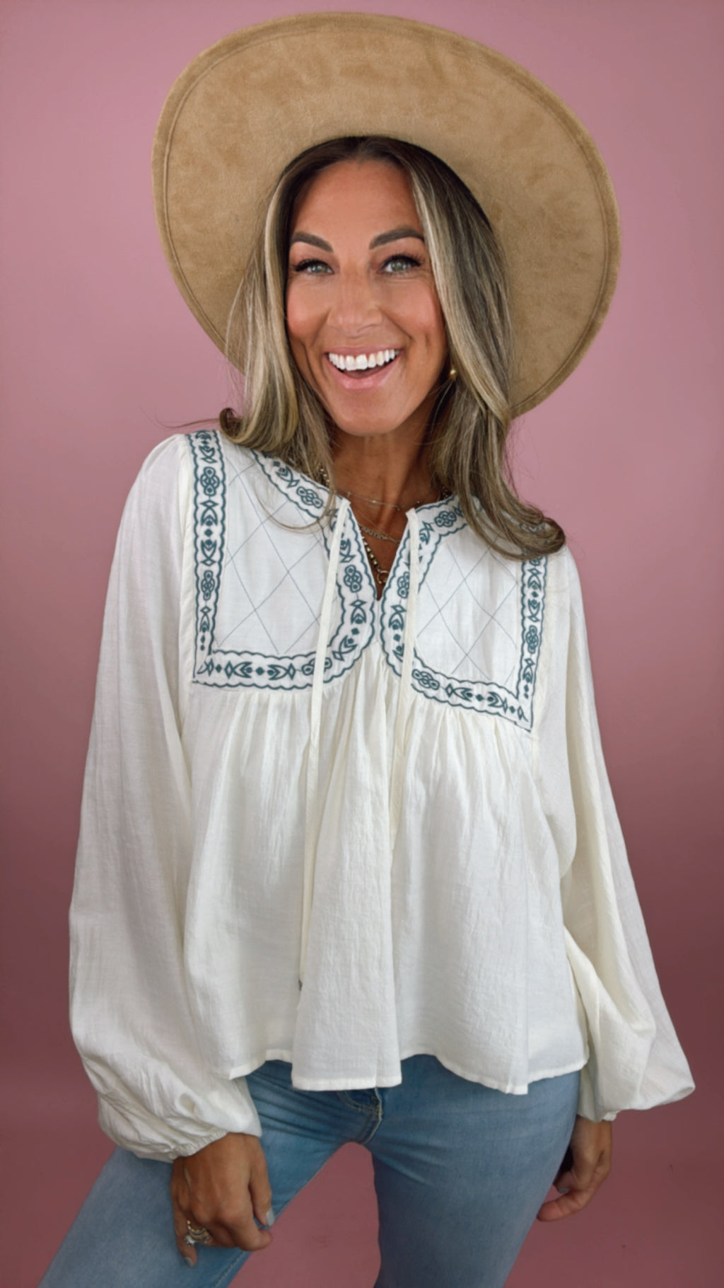 Ivory Embroidered Trim Balloon Sleeve Blouse (1 MEDIUM)