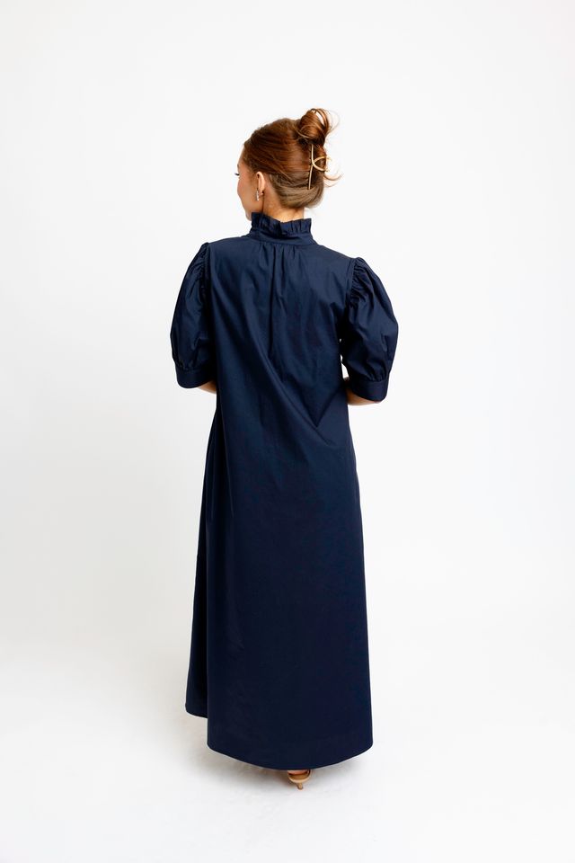 Karlie | Navy Ruffle Neck Maxi Shirt Dress