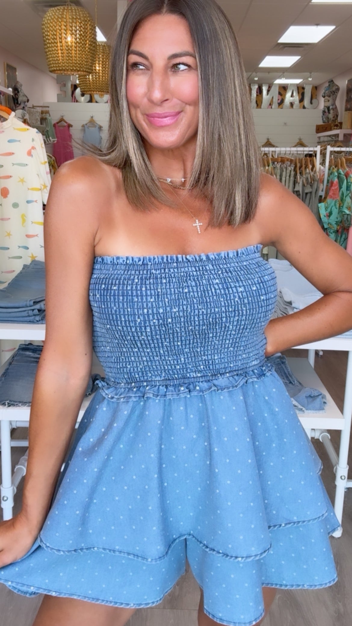 Denim Polkadot Smocked Ruffled Romper