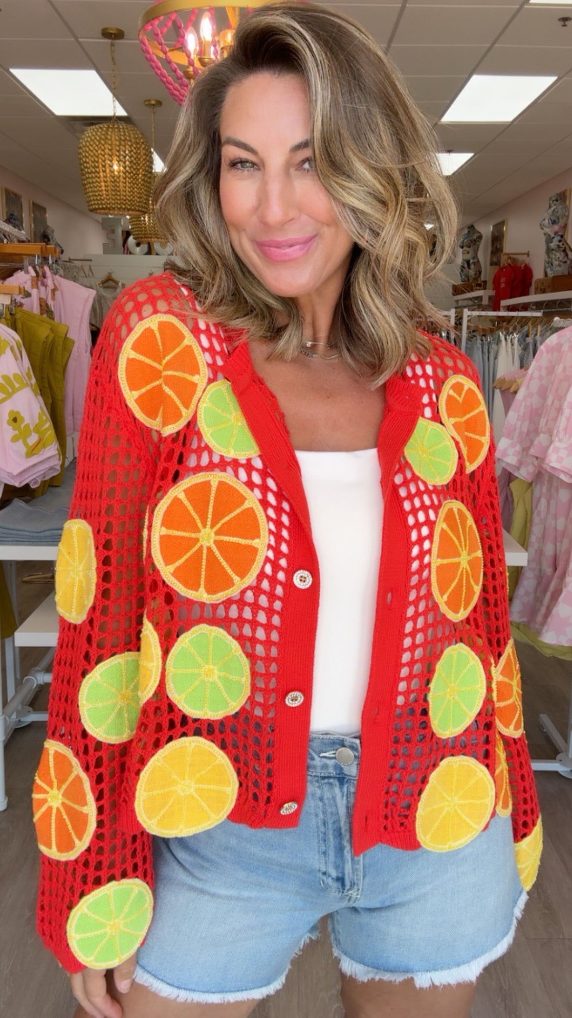 Queen of Sparkles | Crochet Lemon, Lime and Orange Button Up Sweater (SMALL)