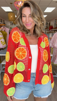 Queen of Sparkles | Crochet Lemon, Lime and Orange Button Up Sweater (SMALL)