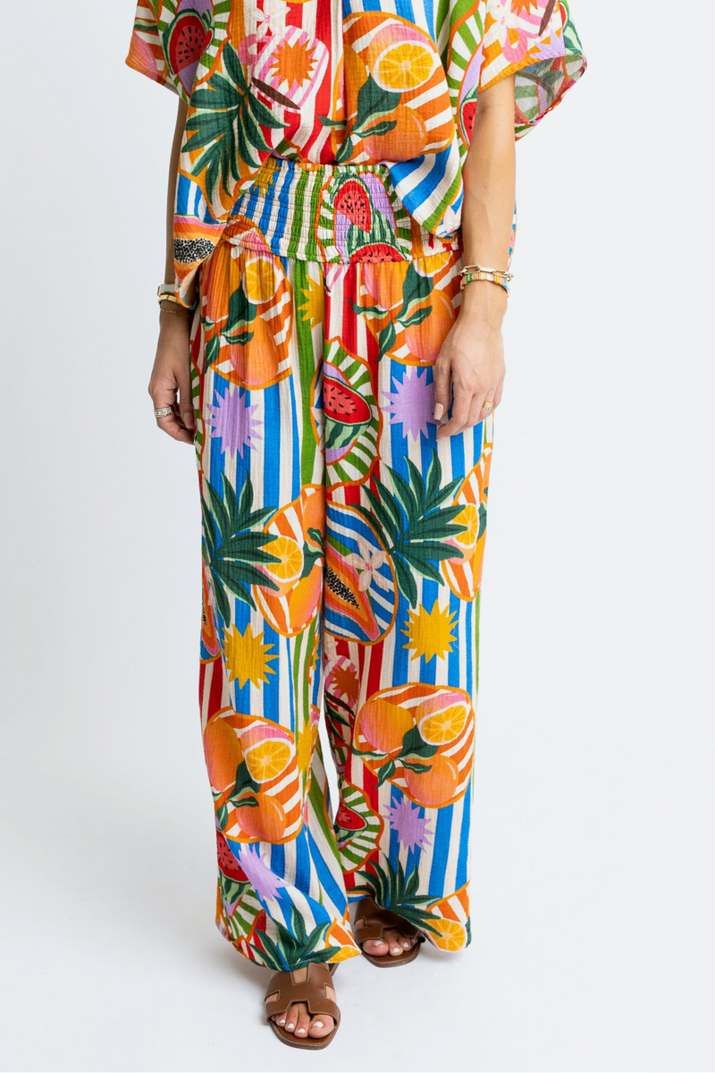 Karlie Tropical Island Fruit Smocked Waist Pants