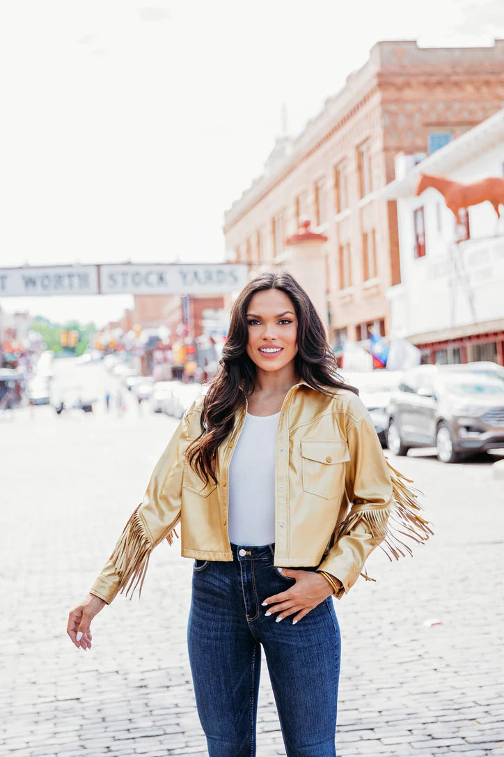 Karlie Gold Metallic Pleather Fringe Jacket