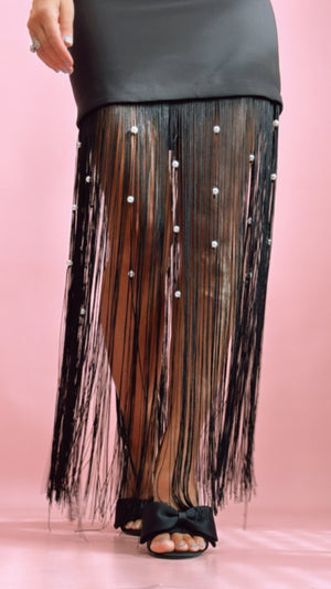 Black Leah Pearl Shoulder + Fringe/Pearl Hem Dress (1 MEDIUM)