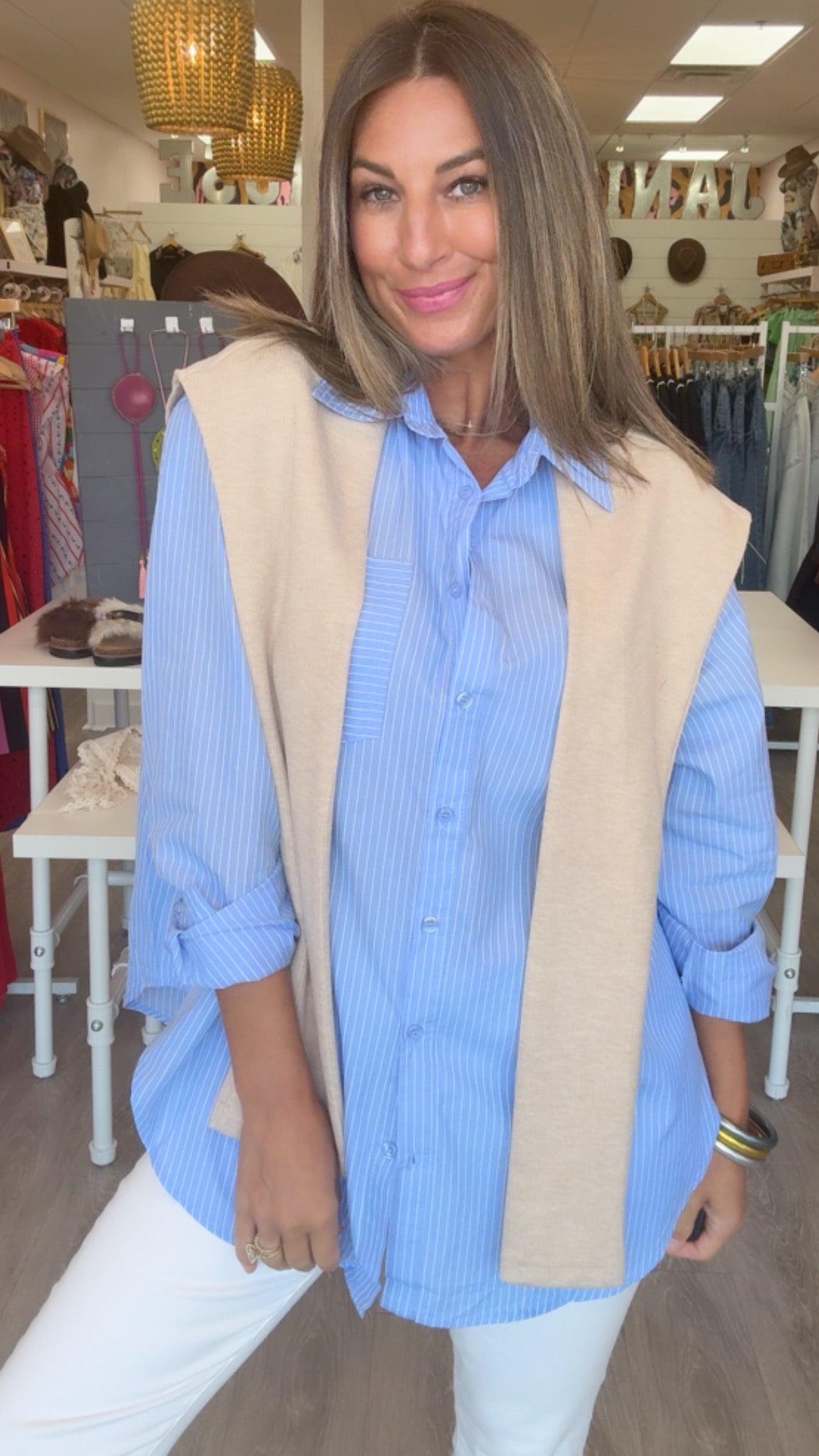 Karlie | Hailey Blue Stripe Poplin Sweater Buttondown