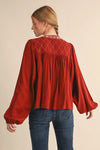 Brick Embroidered Trim Balloon Sleeve Blouse