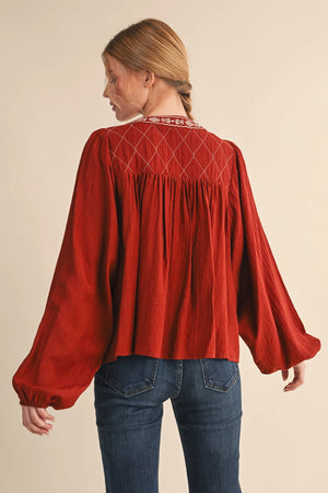 Brick Embroidered Trim Balloon Sleeve Blouse