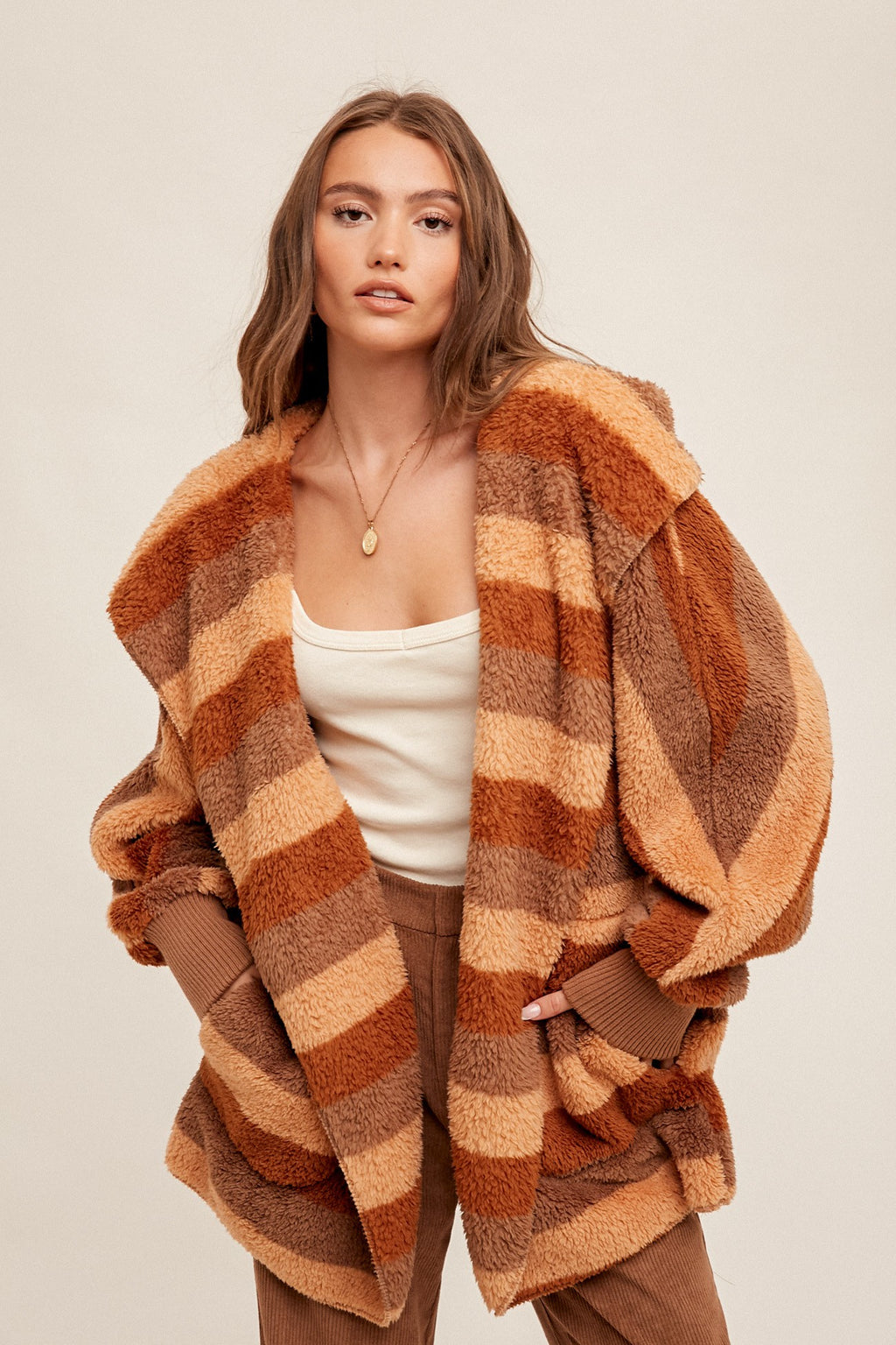 Rust/ Taupe Stripe Fuzzy One Size Hooded Sherpa