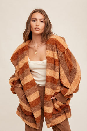 Rust/ Taupe Stripe Fuzzy One Size Hooded Sherpa